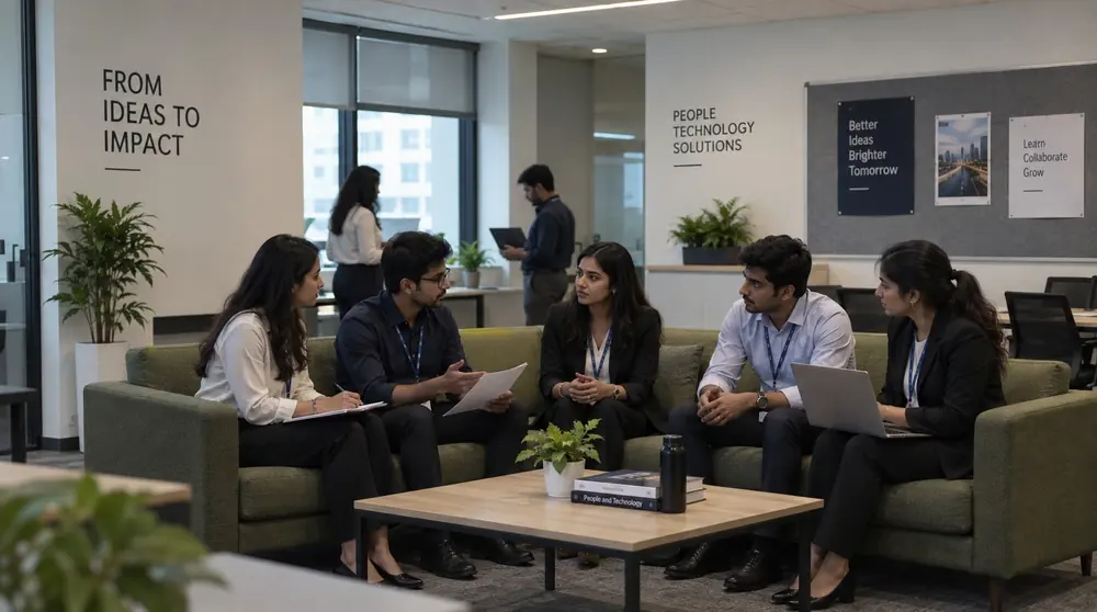 Colleagues in an open discussion in the office lounge