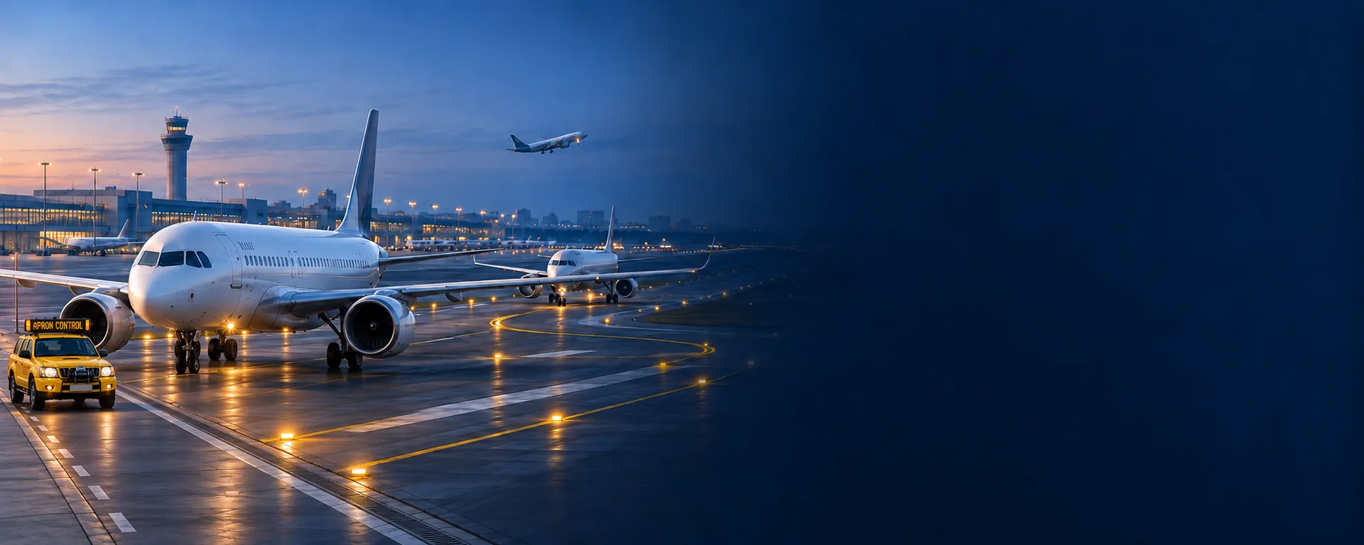 Aircraft on the taxiway at dusk with a ground support vehicle